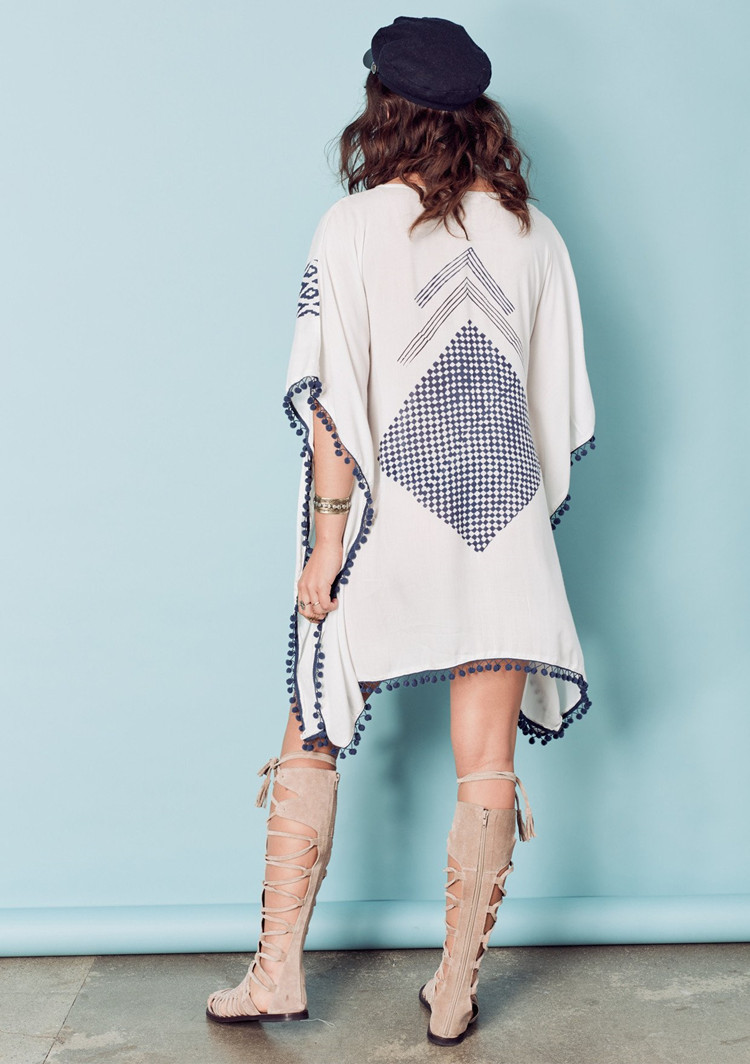 F4737-1 White Boho Print Pom Pom Trim Tassel Tie Caftan Tunic